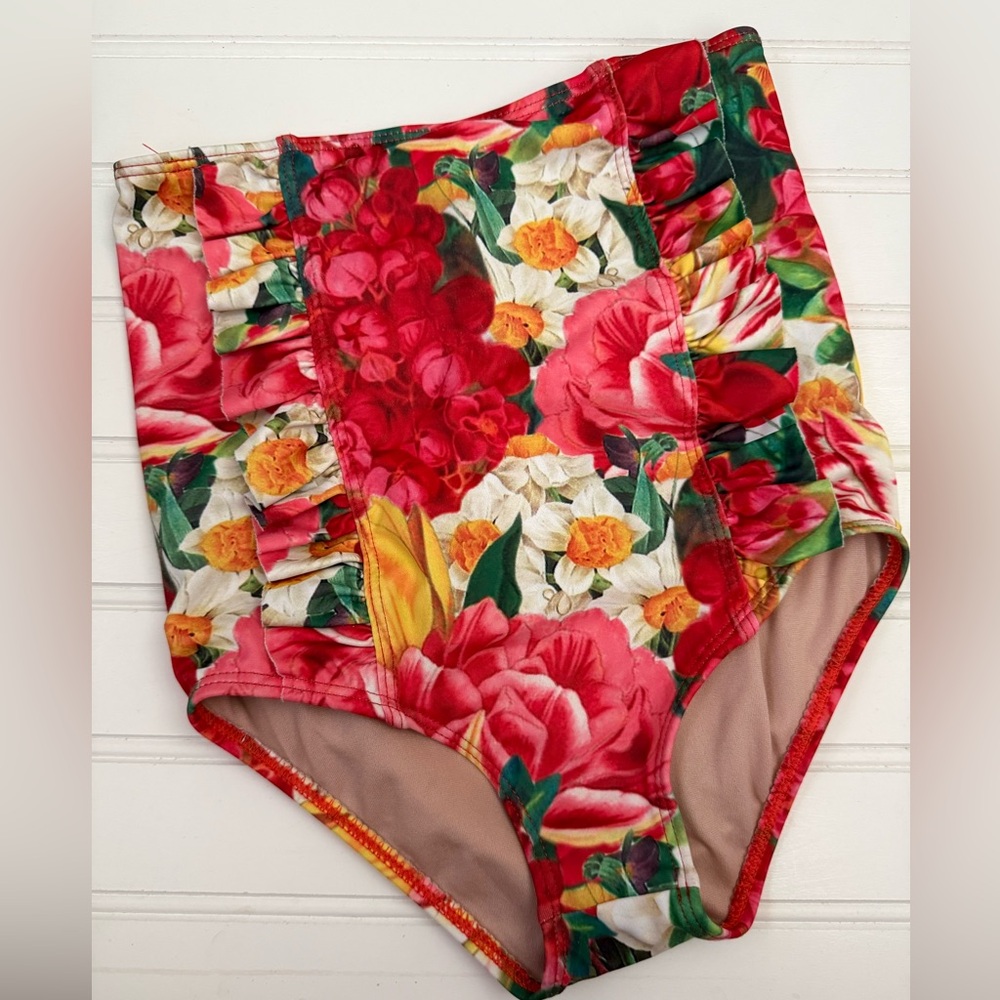 Kortni Jeane Kids Floral High-Waist Bikini Bottoms in Red, Green, Yellow